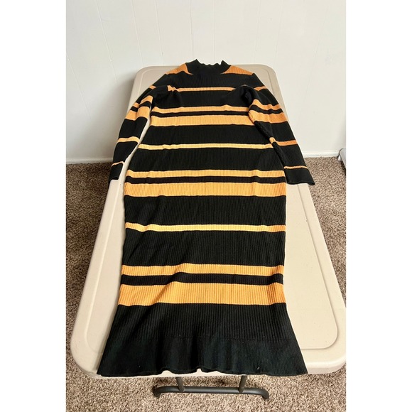 JUSTFAB Black & Mustard Stripe Mock Neck Ribbed Knit Maxi Sweater Dress - Picture 4 of 7